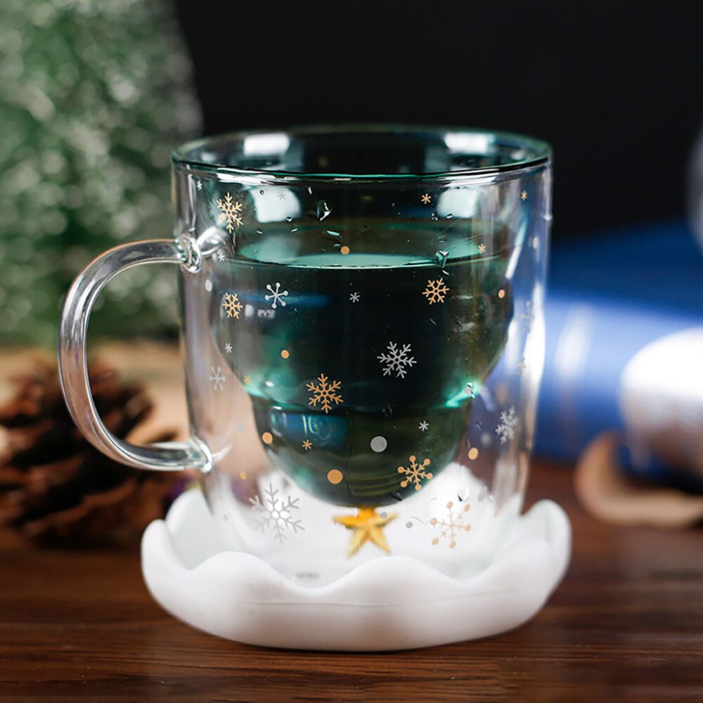 Creative Double-Layer Glass Christmas Tree Star Water Cup High Temperature Mug glass Christmas tree star wishing cup 300ml LS*D