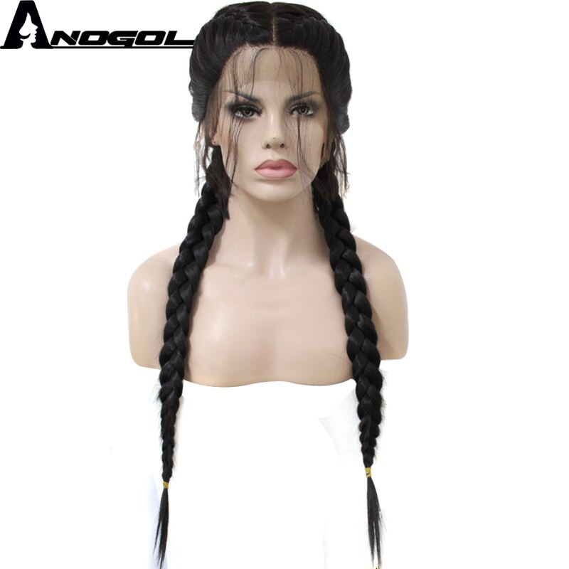 Anogol Pre Plucked Long Double Braids Black Brown Dark Roots Ombre Blonde Synthetic Braided Lace Front Wig With Baby Hair