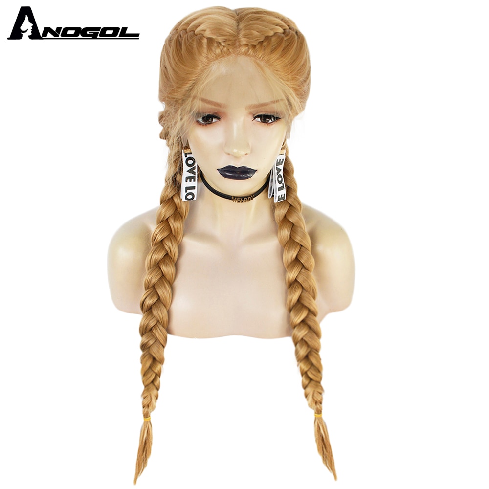 Anogol Pre Plucked Long Double Braids Black Brown Dark Roots Ombre Blonde Synthetic Braided Lace Front Wig With Baby Hair