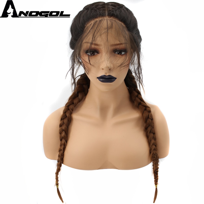 Anogol Pre Plucked Long Double Braids Black Brown Dark Roots Ombre Blonde Synthetic Braided Lace Front Wig With Baby Hair